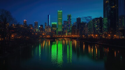 Obraz premium A scenic view of a city skyline illuminated with green lights in celebration of St. Patrick's Day.