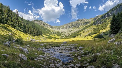 A picturesque mountain valley with a stream flowing through it.  The valley is surrounded by lush green slopes and forested hills.  The sky is blue with white clouds.