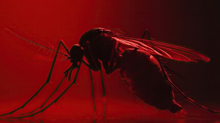 A striking close-up of a mosquito during blood-feeding, its body and wings lit up to highlight its anatomy.