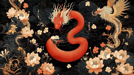 Red and Gold Dragon with Lotus Flowers and Clouds on a Black Background