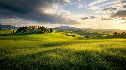Obraz premium A picturesque Tuscan landscape with rolling hills, a farmhouse on a hilltop, and a dramatic sunset sky.