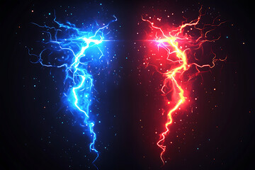 A striking visual of blue and red lightning bolts against a dark background.