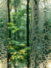 Translucent polycarbonate with forest green iridescent tint. Ribbed vertical textures. Background of blurred sunlight filtering through foliage. Subtle metallic highlights and vibrant green hues in 3D