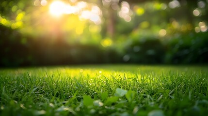 Naklejka premium Close up View of Lush Green Grass in a Blurred Garden Landscape