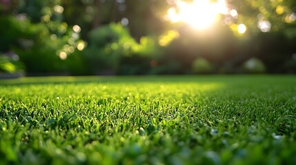 Naklejka premium Lush green grass with blurred garden backdrop in natural sunlight setting