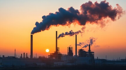 Fototapeta premium Industrial scene with smoke and flames at sunset, highlighting environmental impact and urban landscape.