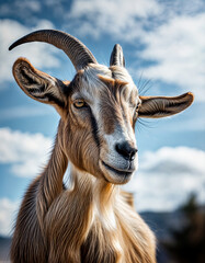 Fototapeta premium Majestic Goat Portrait Against a Cloudy Sky Backdrop