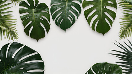 Monstera deliciosa background green leaves on white background top view