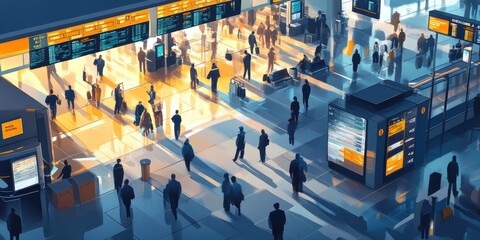 Obraz premium People walk through airport terminal with signs.