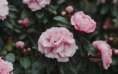 a photo of Pink Flowers Blooming in Black Background