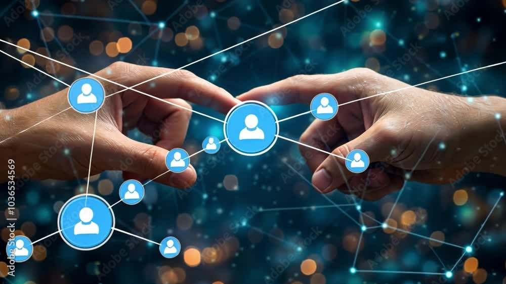 Poster Two hands reach towards each other, bridging a digital network filled with icons and connections, symbolizing the importance of collaboration and communication in today's tech-driven world.