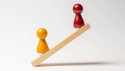 Yellow and red pawns on a tipped seesaw, illustrating imbalance in influence, teamwork challenges, or decision-making scenarios