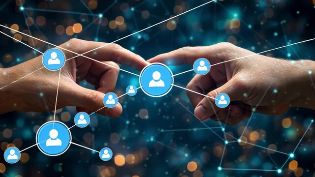 Two hands reach towards each other, bridging a digital network filled with icons and connections, symbolizing the importance of collaboration and communication in today's tech-driven world.