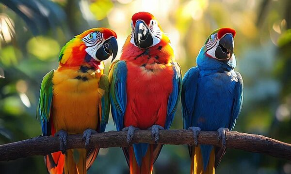 Three vibrant parrots perched on a branch in a lush environment.