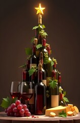 Festive concept of wine and cheese products. Christmas tree made of wine bottles with cheese, red and white grapes, glasses of wine on light brown background.