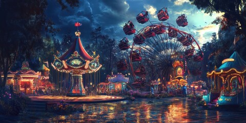 Fototapeta premium Carnival rides by a lake at night.