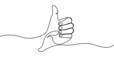 Continuous one line drawing of like hand showing thumb up. Vector illustration, One line drawing of hand showing great sign. Continuous line finger up. Hand-drawn vector illustration of linear like