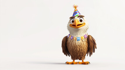 A cheerful cartoon eagle stands in celebration, wearing a colorful party hat and garland, surrounded by flying confetti and balloons.