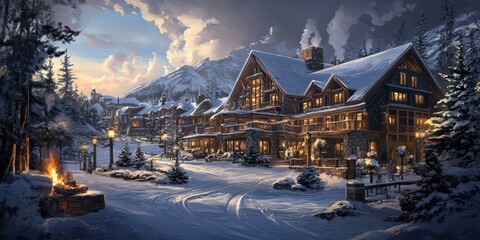 Fototapeta premium Snowy mountain village with lit windows.