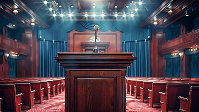A wooden podium stands at the center of a grand courtroom, bathed in soft light, as rows of red chairs await the next important session in this elegant venue.