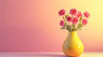 A bouquet of pink carnations is arranged in a soft yellow vase, set against a pastel pink background.