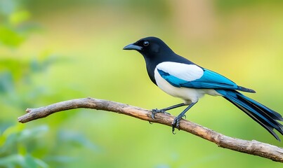 Obraz premium Indian white-tailed magpie, sitting on a branch, Generative AI
