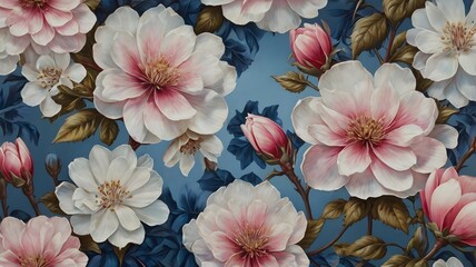 A vividly detailed painting of delicate blue, pink, and white blossoms