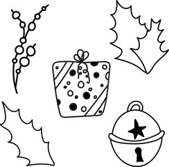 Set of elements drawn in doodle style for New Year and Christmas. Gift box, branch with berries, holly leaves, bell.