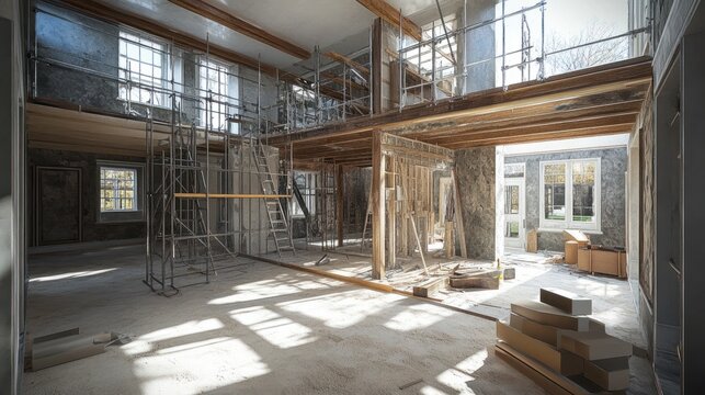 Renovation of a Traditional Home with Reinforced Walls and Second Story Addition, Scaffolding Surrounding House for Reconstruction Works.