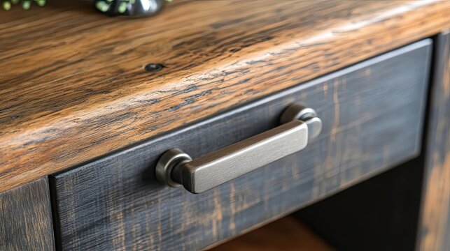 Close-up of a Metal Drawer Pull on a Wooden Cabinet