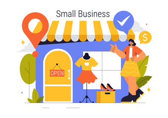 Small Business Vector Illustration Featuring Independent Ventures from Various Sectors Including Thriving Online Store and Food Trucks in a Background