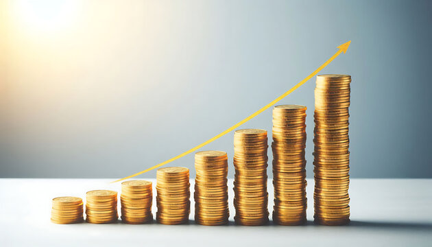Stacks of gold coins in decreasing order, representing financial growth or savings concept on a white and light grey background