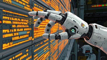 Naklejka premium A robotic hand interacts with a server room full of data.