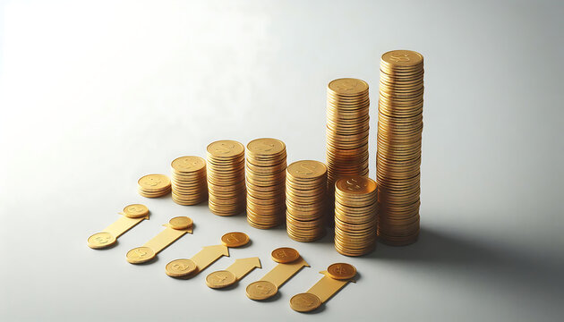 Stacks of gold coins in decreasing order, representing financial growth or savings concept on a white and light grey background