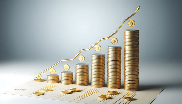 Stacks of gold coins in decreasing order, representing financial growth or savings concept on a white and light grey background