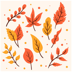 Set of different autumn leaves and twigs with background cream
