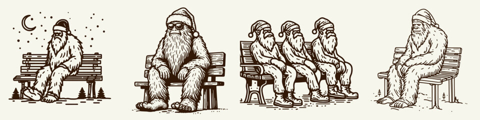 Fototapeta premium Bigfoot in Santa Claus Costume Sitting on a Snowy Hill