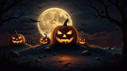 Four lit jack-o-lanterns with menacing grins sit on a hill under a full moon and a dark sky with silhouetted trees and flying bats.