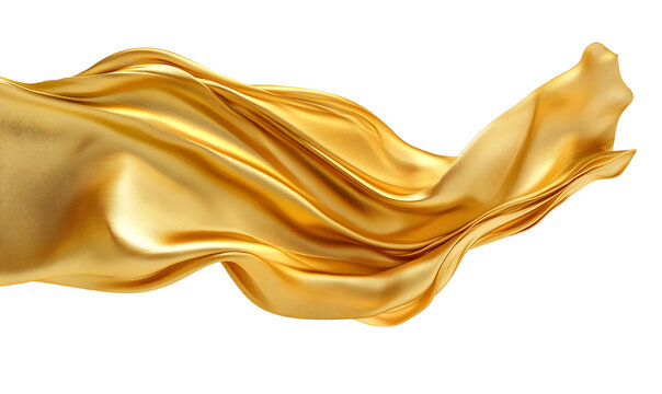 A golden silk cloth floating in the air, with smooth and flowing lines, creating a sense of luxury and elegance. The background is white, highlighting gold tones