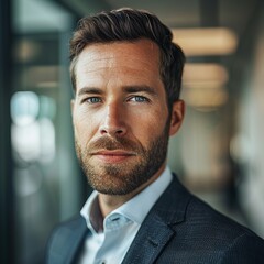 A confident businessman looking directly at the camera, exuding professionalism and competence.