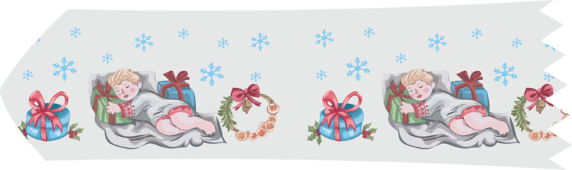 Cute christmas washi tape on white background. Vector illustration.