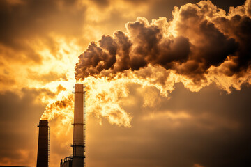 Thick smoke billowing from an industrial factory plant chimney, representing environmental air pollution and carbon emissions, with copy space. Dark, dramatic lighting.