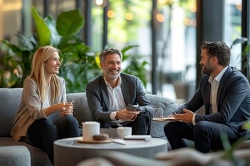 Business colleagues enjoying a coffee break together in a modern office, Generative AI