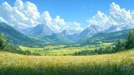 Fototapeta premium A vibrant mountain landscape with lush green valleys, blooming wildflowers, and dramatic clouds under a blue sky