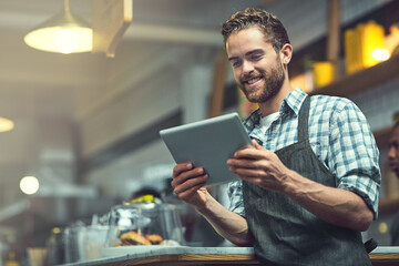 Tablet, man and waiter in coffee shop with confidence for online menu update or stock control....