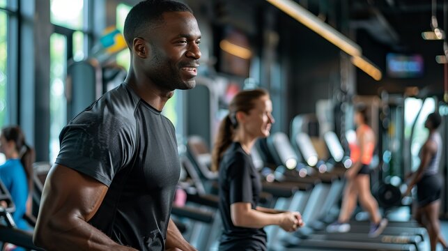 A personal trainer guiding clients through workouts in a fitness center.