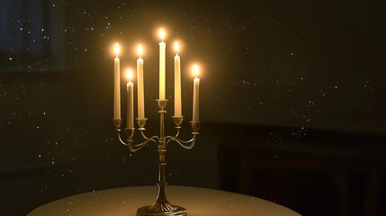 Fototapeta premium Hanukkah menorah with lit candles on dark background