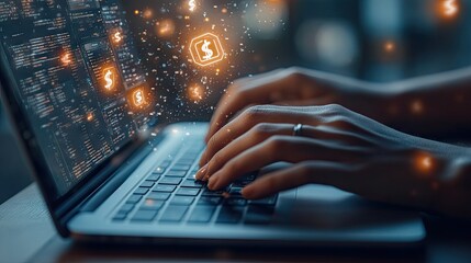 Close-up of hands typing on a laptop with digital dollar symbols rising, representing e-commerce, fintech, and online wealth creation.
