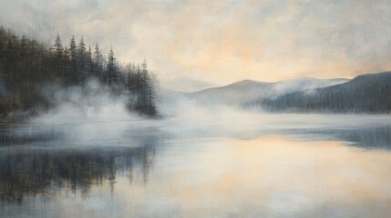 Fototapeta premium Mist rises over a tranquil mountain lake at dawn, the water mirroring the soft hues of the sunrise, creating a peaceful escape.