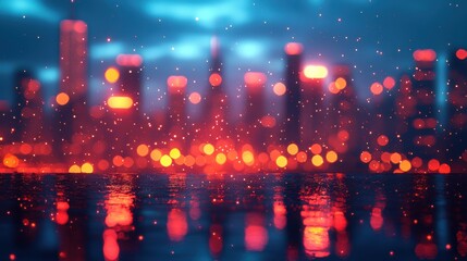 Fototapeta premium A vibrant city skyline illuminated at night, shimmering reflections in puddles as rain falls, creating a captivating urban atmosphere